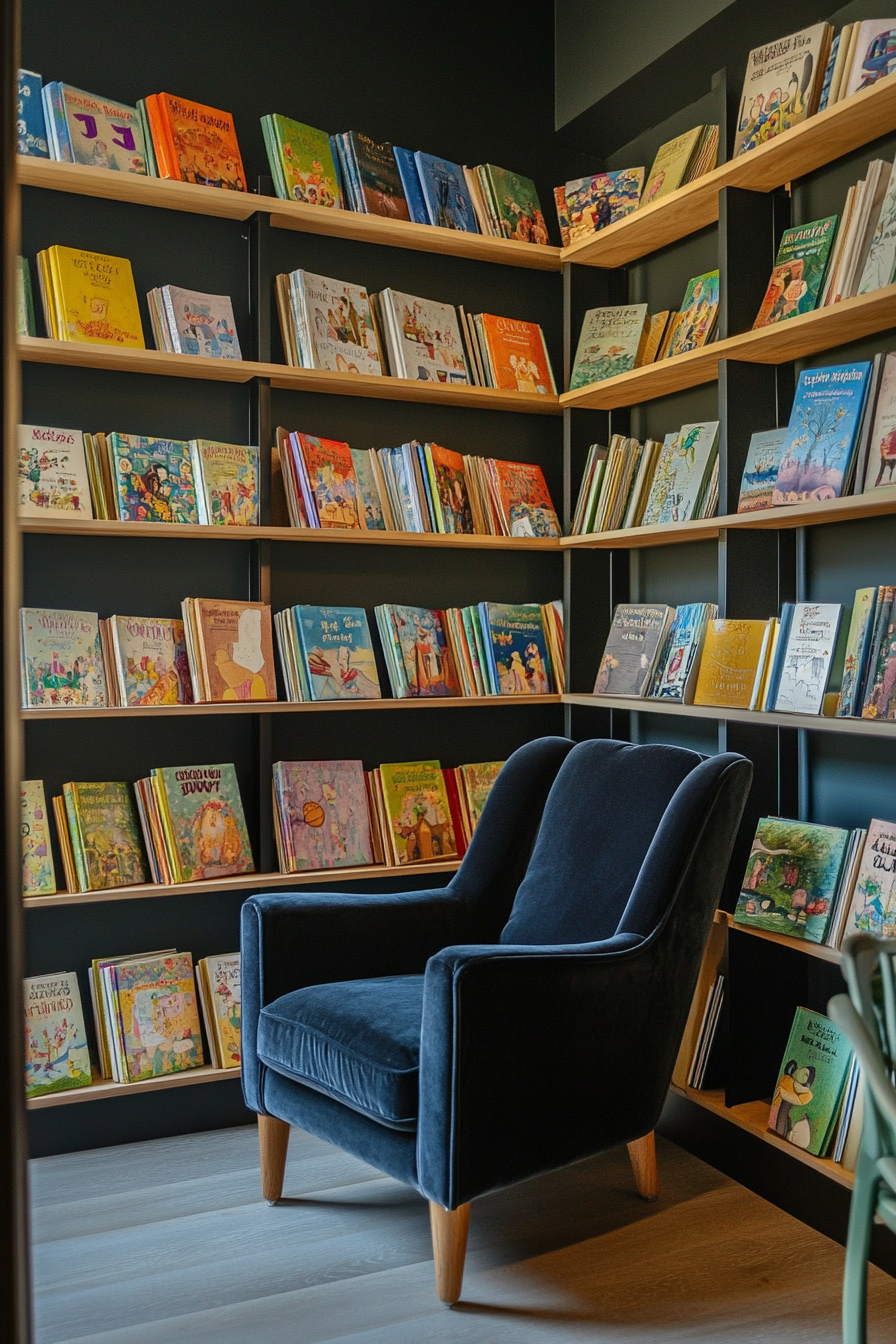 Community Learning Space. Corner with shelves full of children's books and a velvet reading armchair.