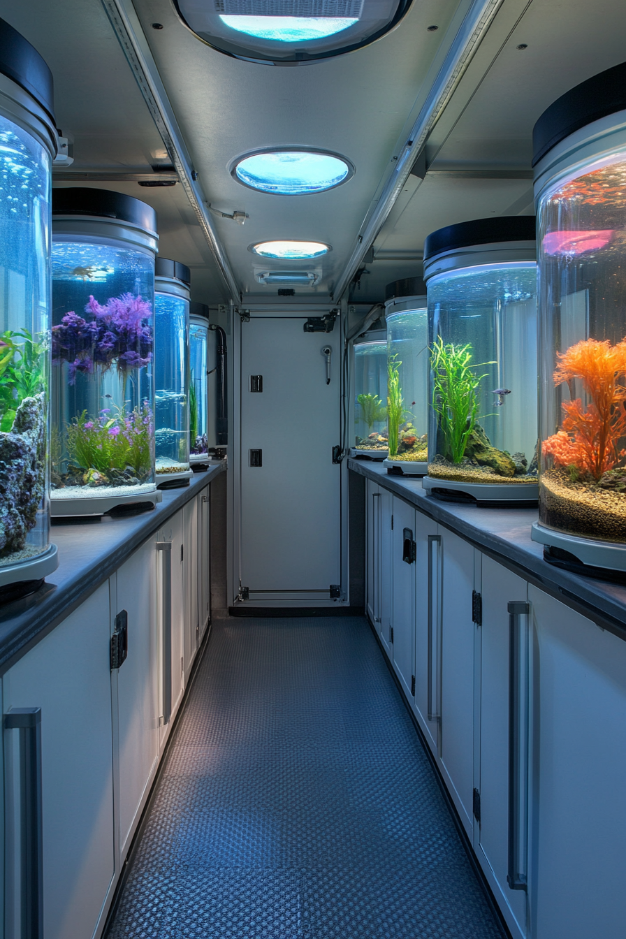 Scientific mobile space. Wet lab with wall-mounted aquarium specimen tanks.