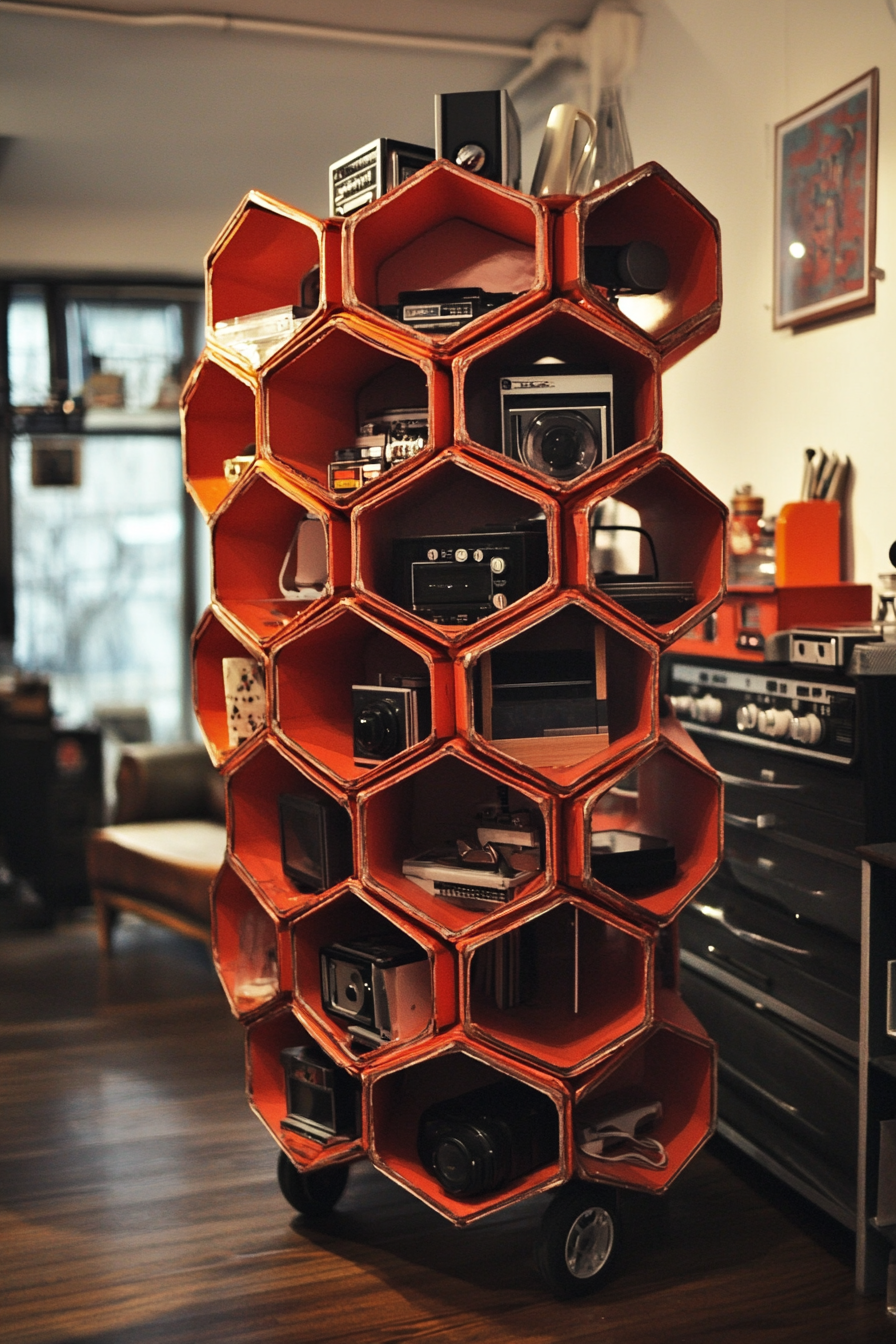 Creative mobile space. Red vintage miniature honeycomb shelving for equipment storage.