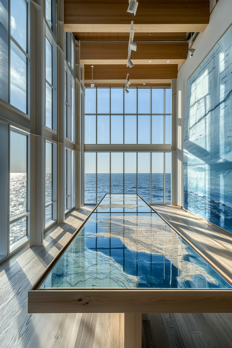 Coastal Analysis Space. Room with large panoramic windows, blue-and-white color scheme, a topographic map table.