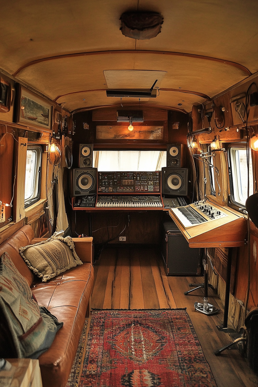 Mobile Studio Space. Vintage camper with internal recording booth and rooftop beach-style stage.