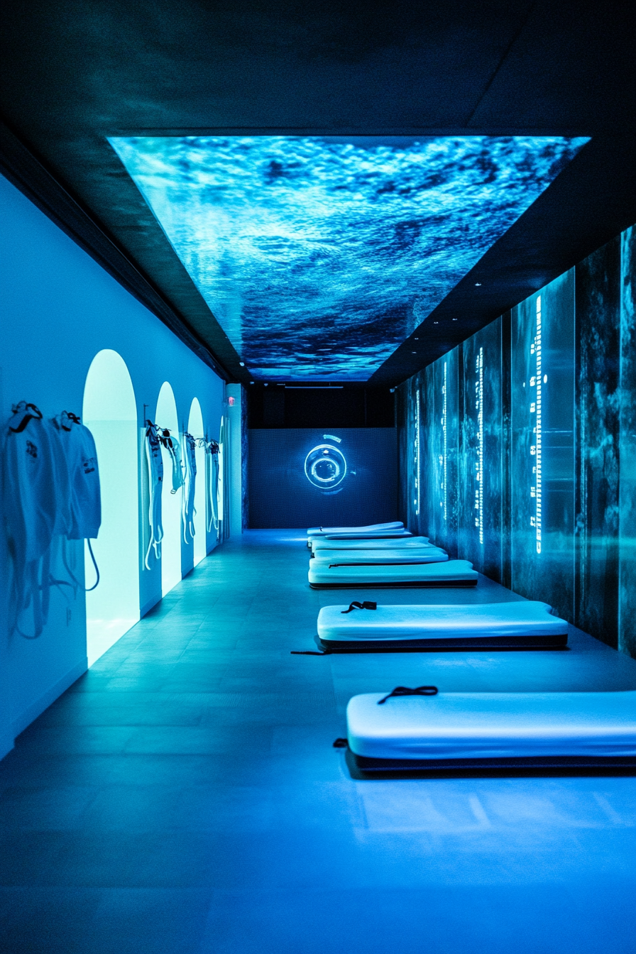 Performance space. Underwater-themed lighting, white gym gear, oxygen progress display.