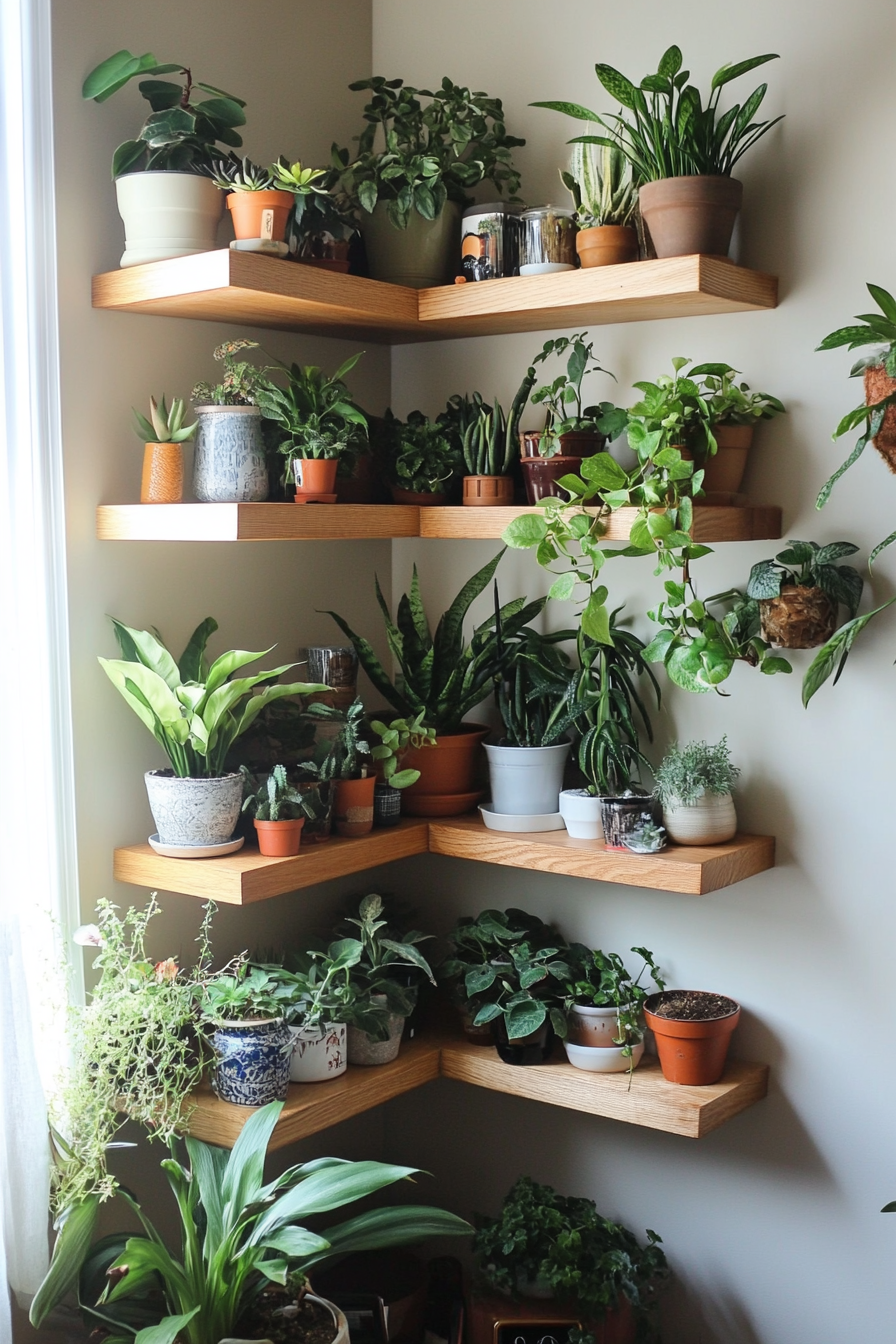 Therapy van space. Lighthouse shape corner shelves filled with botanical house plants.