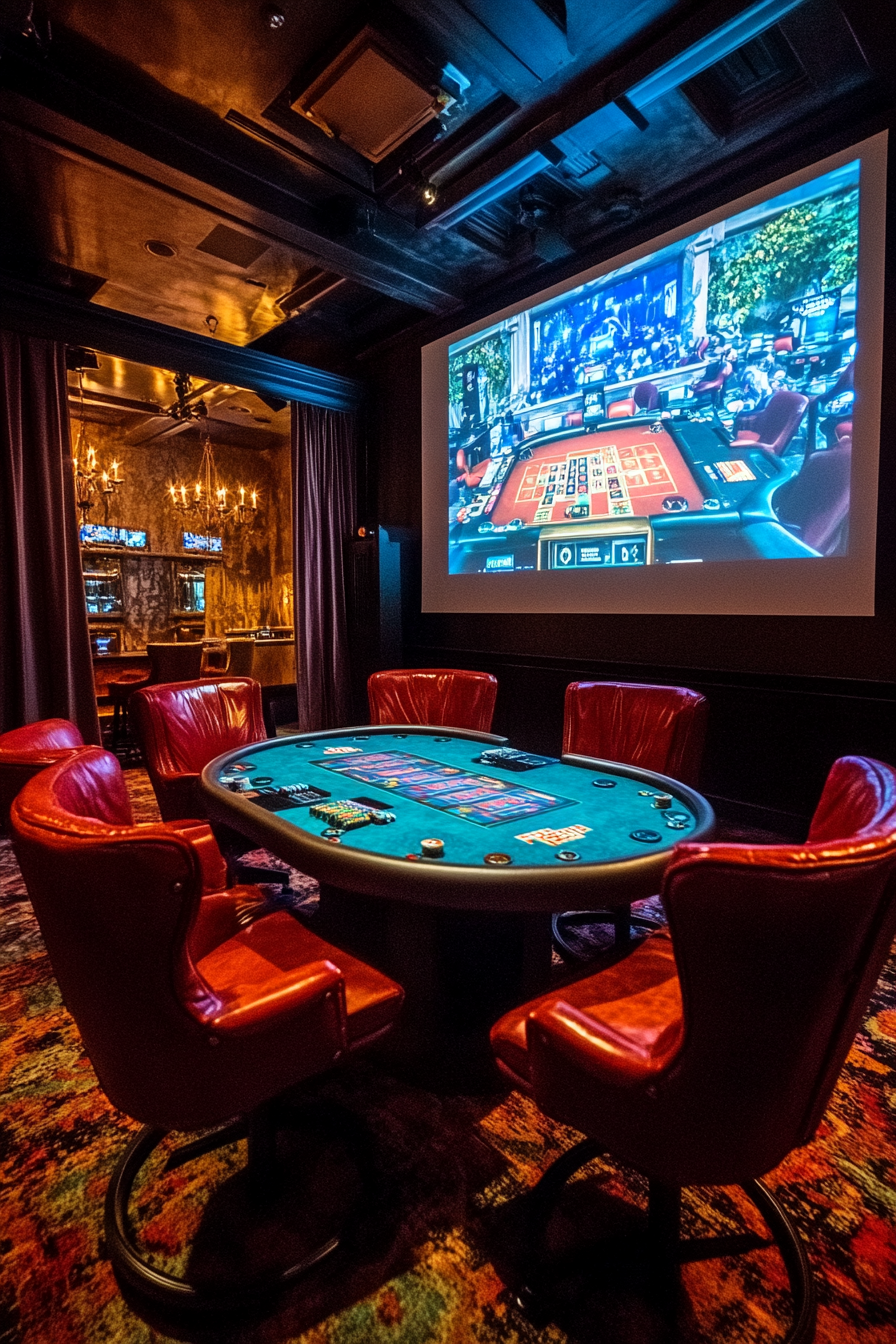 Social gaming space. Overhead projector showcasing a live card game tournament.