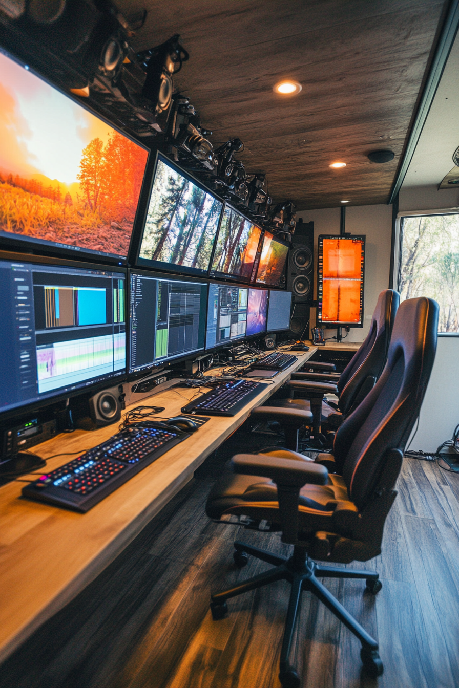 Creative mobile space. Edit bay with multi-screen setup and ergonomic chairs.