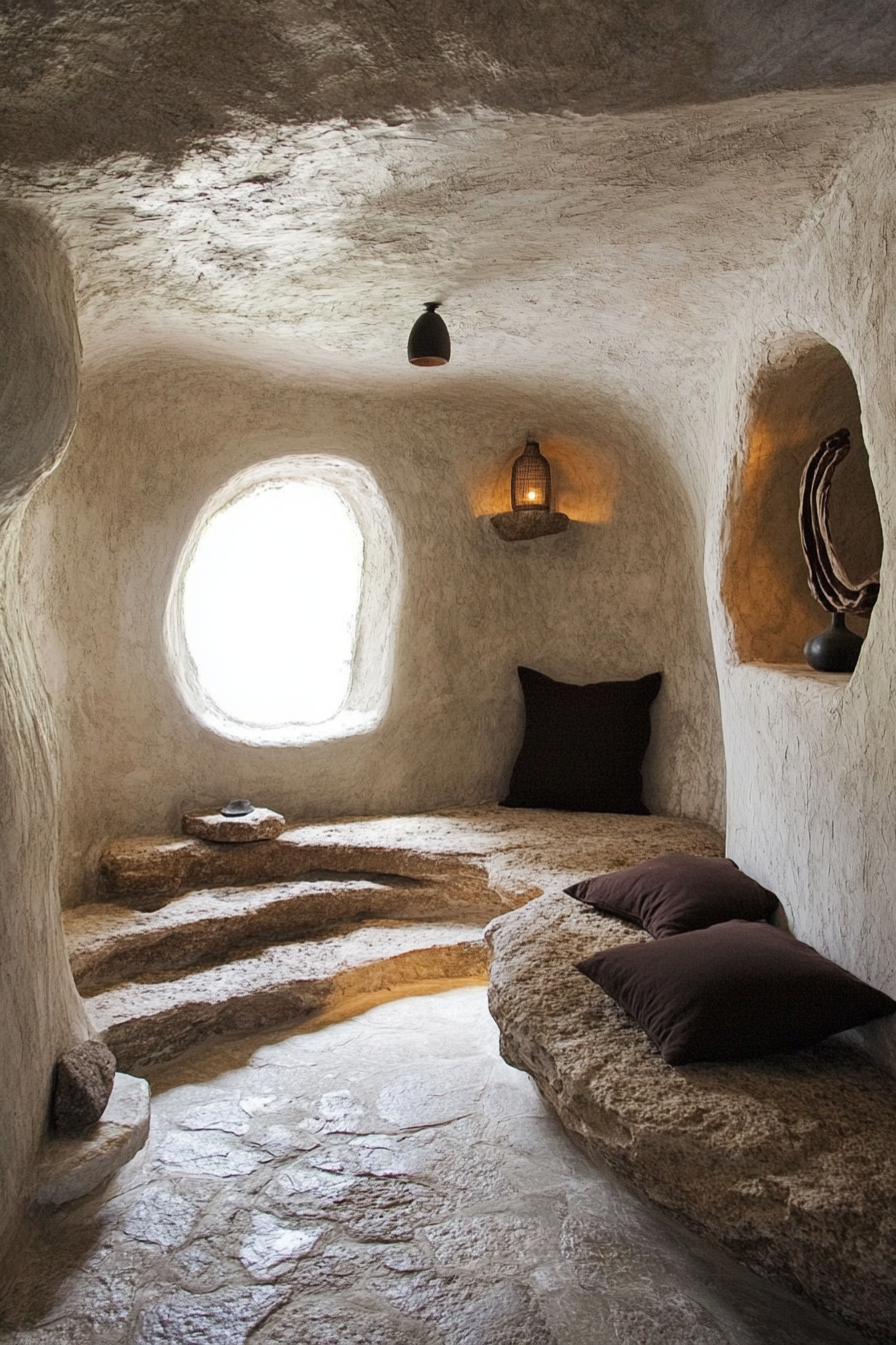 Wellness Space. Rustic meditation cave sculpted from natural rocks.