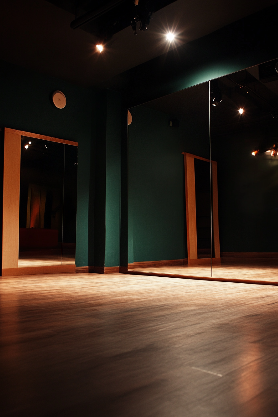 Movement practice space. Floor-to-ceiling soundproof mirror, professional sprung floor, bass boosted sound system.