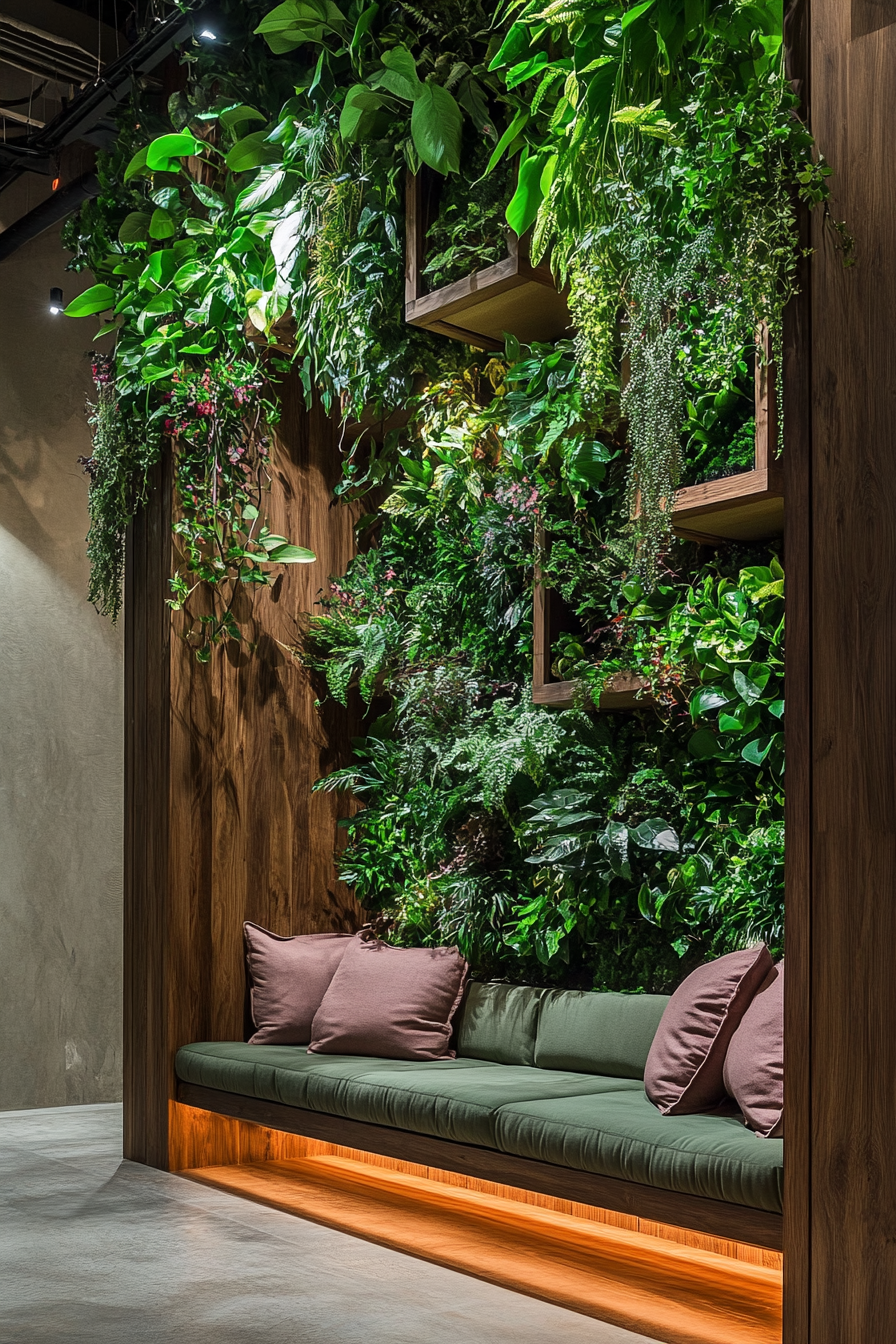 Wellness escape space. Indoor vertical garden with cushioned seating nooks.