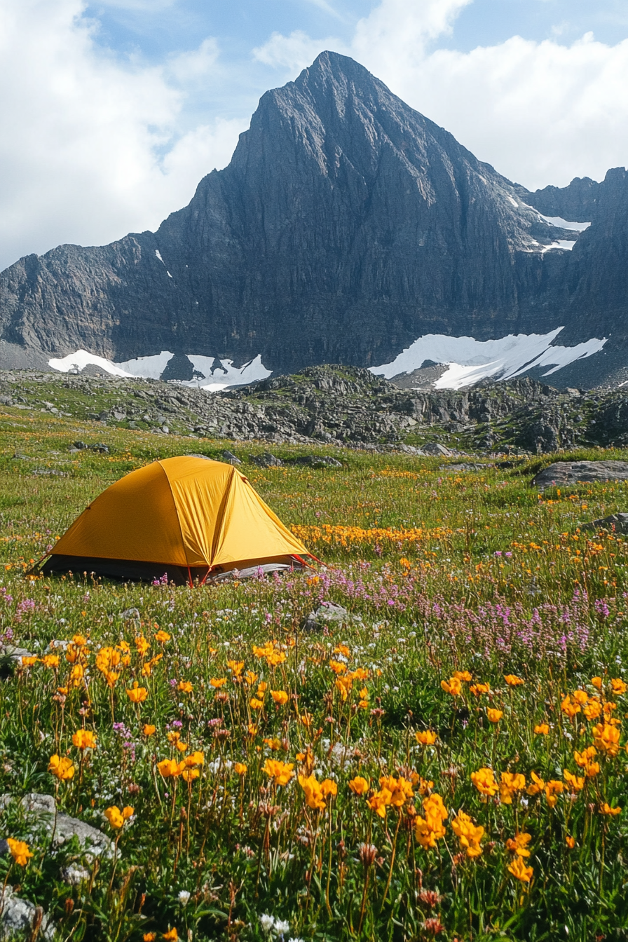Highland site. Wildflower field, wind-sheltered tent pad, clear view of the peak.