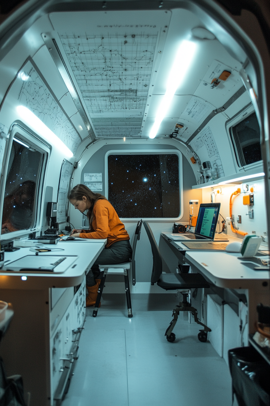 Research Mobile Space. Astrobiology field lab with detailed star charts.