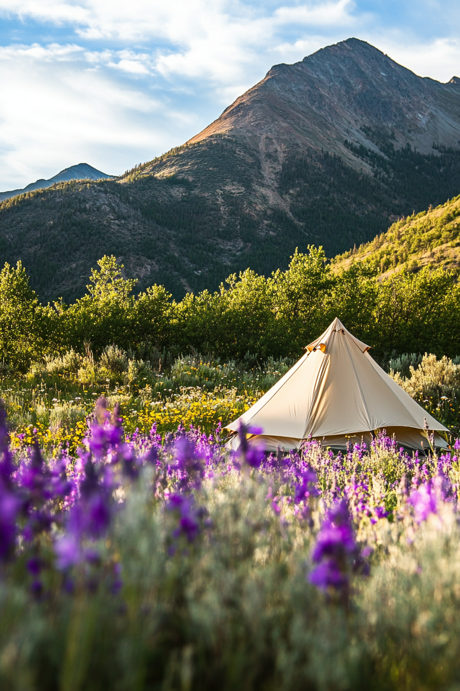 Highland site. Wind-protected tent pad amidst purple larkspur, with idyllic mountain peak views.