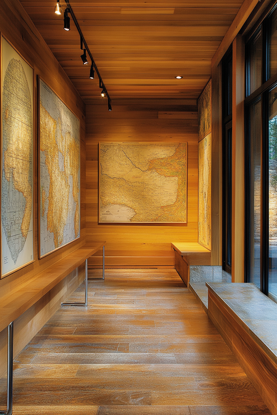 Mountain community space. Wood-paneled map room with topographic maps.