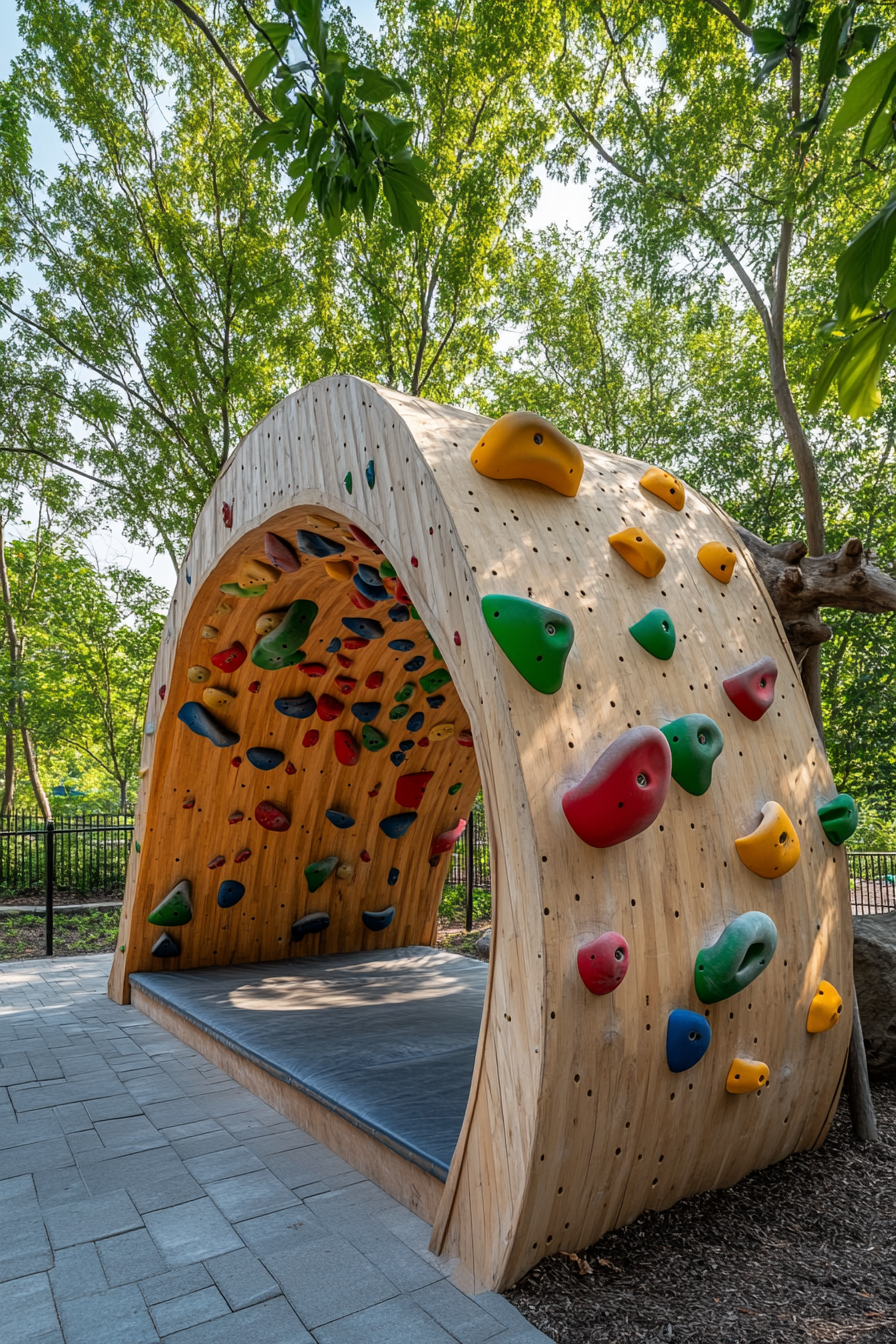 Outdoor education space. Bouldering wall station with brightly colored climbing holds.