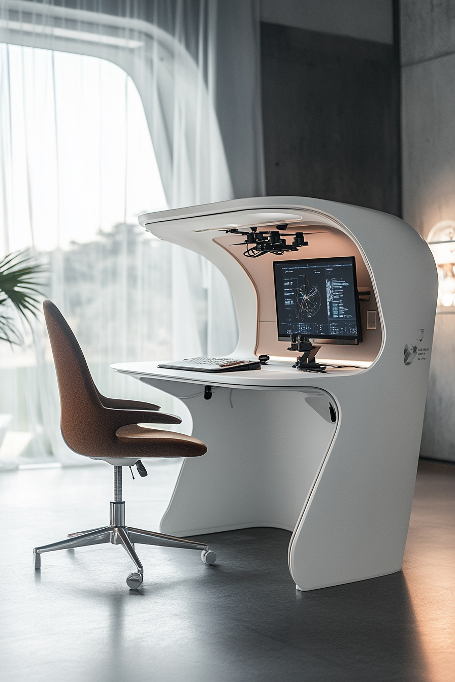 Alpine mobile space. White curved desk with mounted drone launch system.