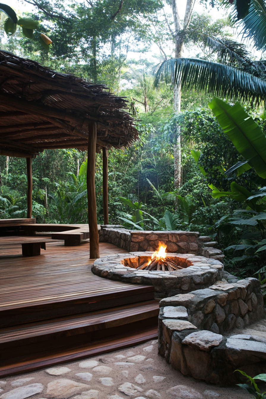 Jungle clearing space. Elevated wooden platforms overlooking a covered stone fire pit.