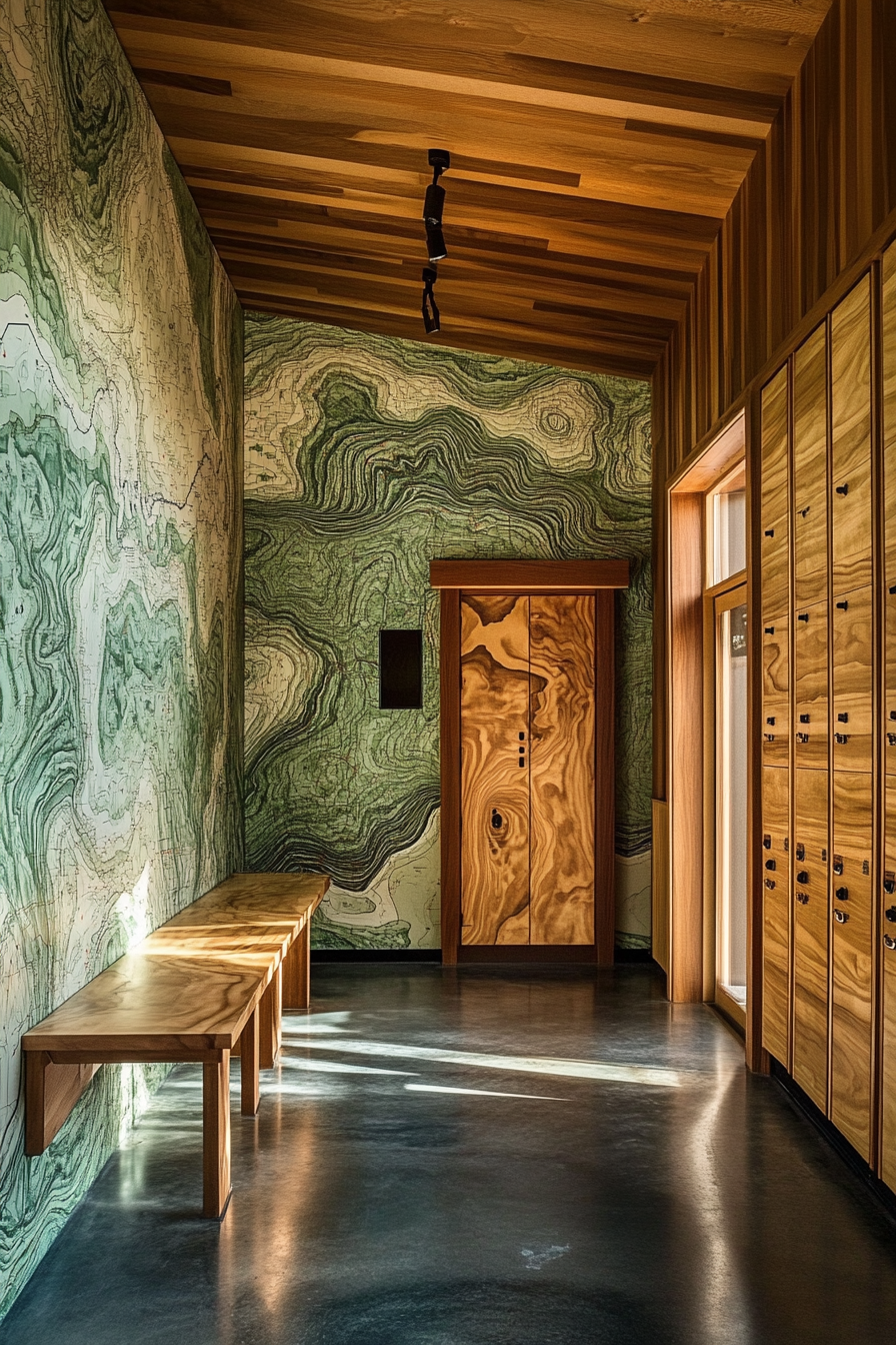 Mountain community space. Cabin with floor-to-ceiling topographic maps and wooden storage lockers.