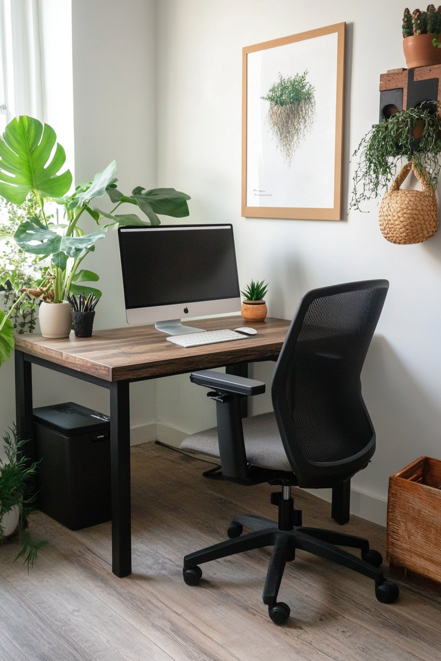 Creative Learning Space. Studio setup with chestnut wooden desk and matte black swivel chair.