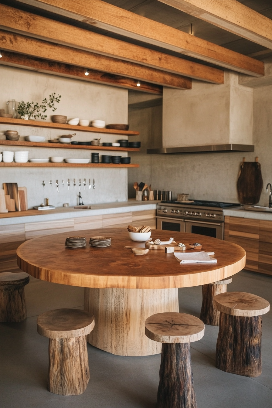 Social cooking space. Multiple wooden prep stations, round communal dining table, cozy story corner.