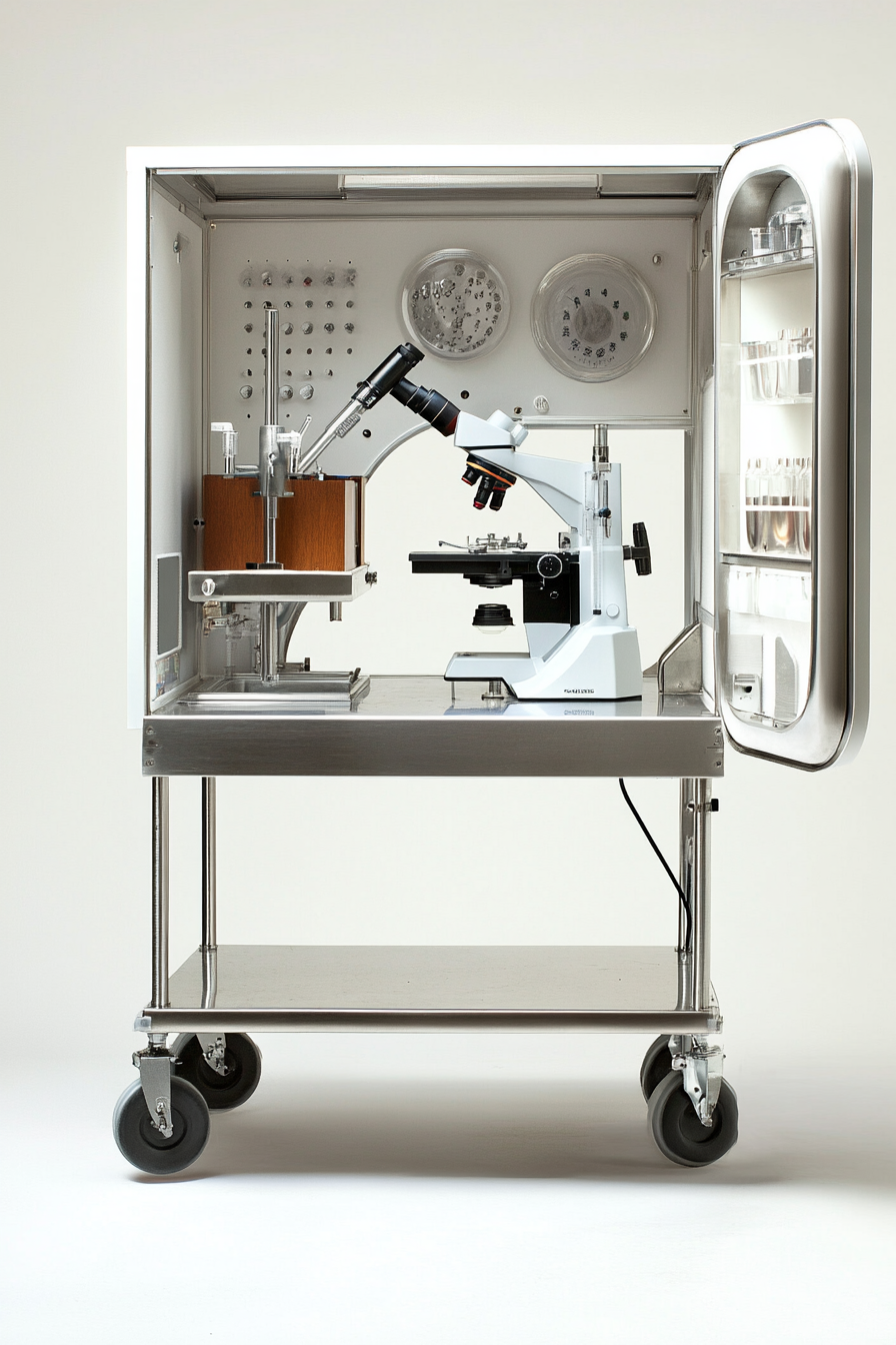 Mobile research space. Attached microscope station with chrome finish.