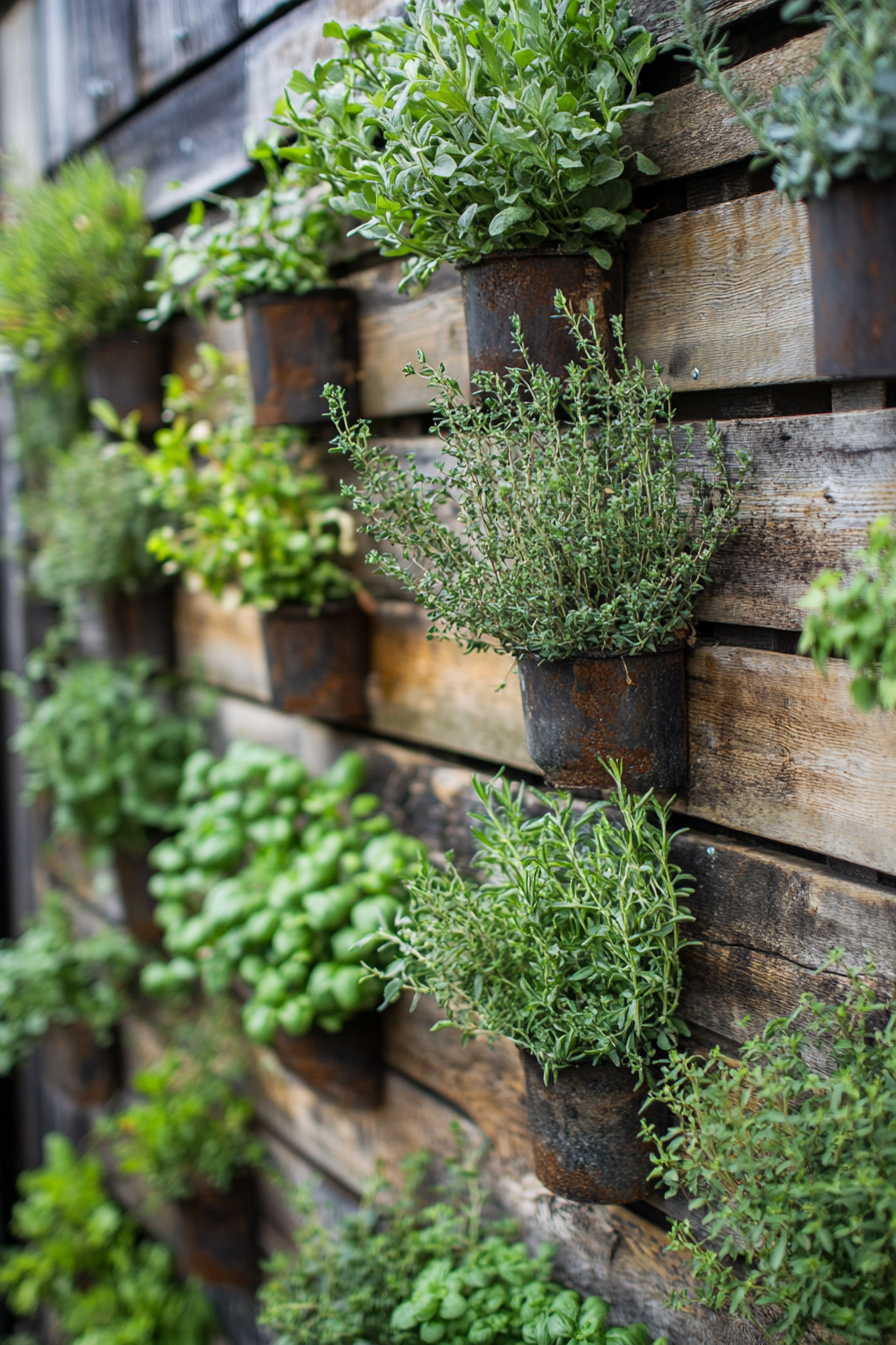 Community cooking space. Herb walls decked with fresh rosemary and mint.