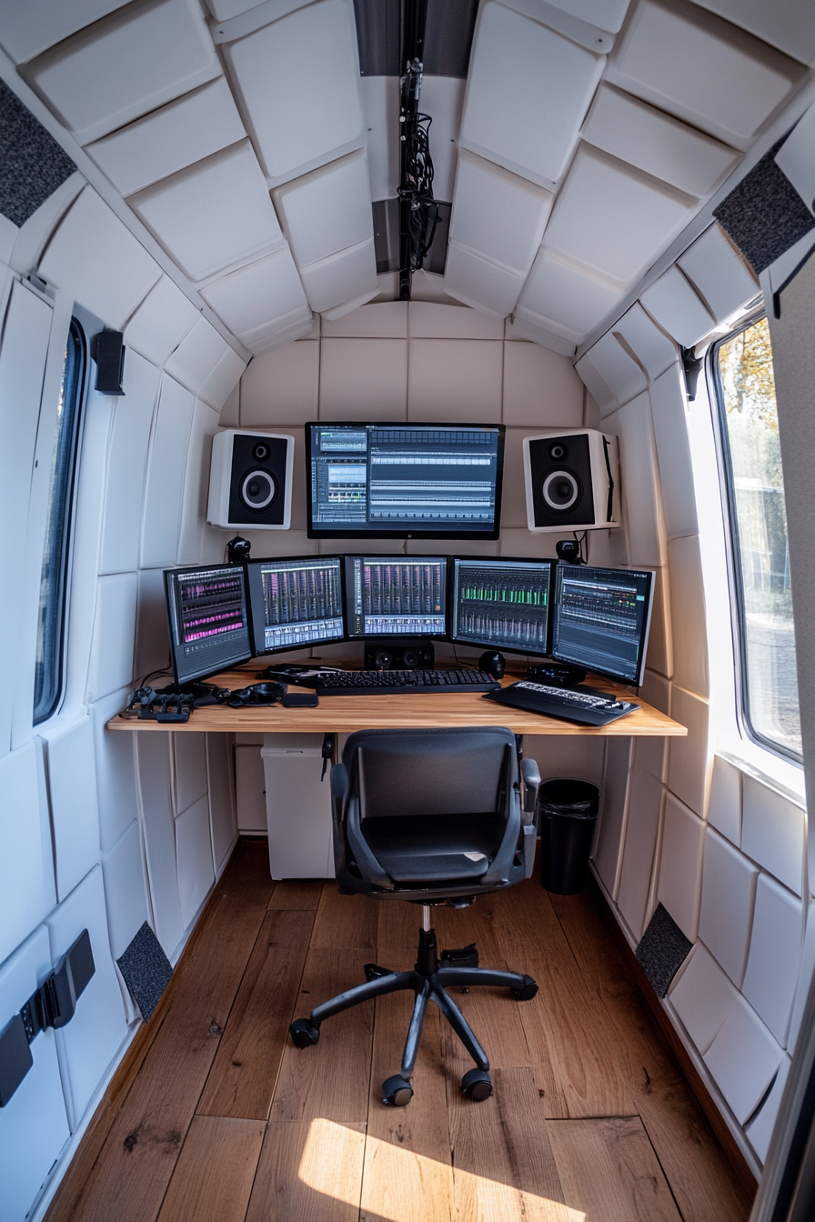 Mobile Studio Space. Acoustic panels covered booth with triple monitor mix station.