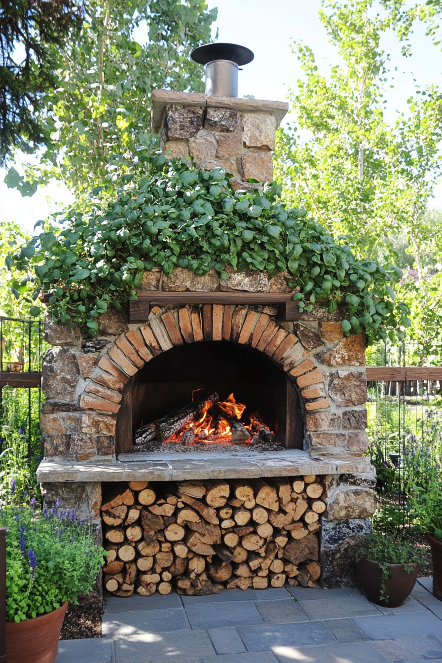 Community cooking space. brick pizza oven with robust Mediterranean herb wall.