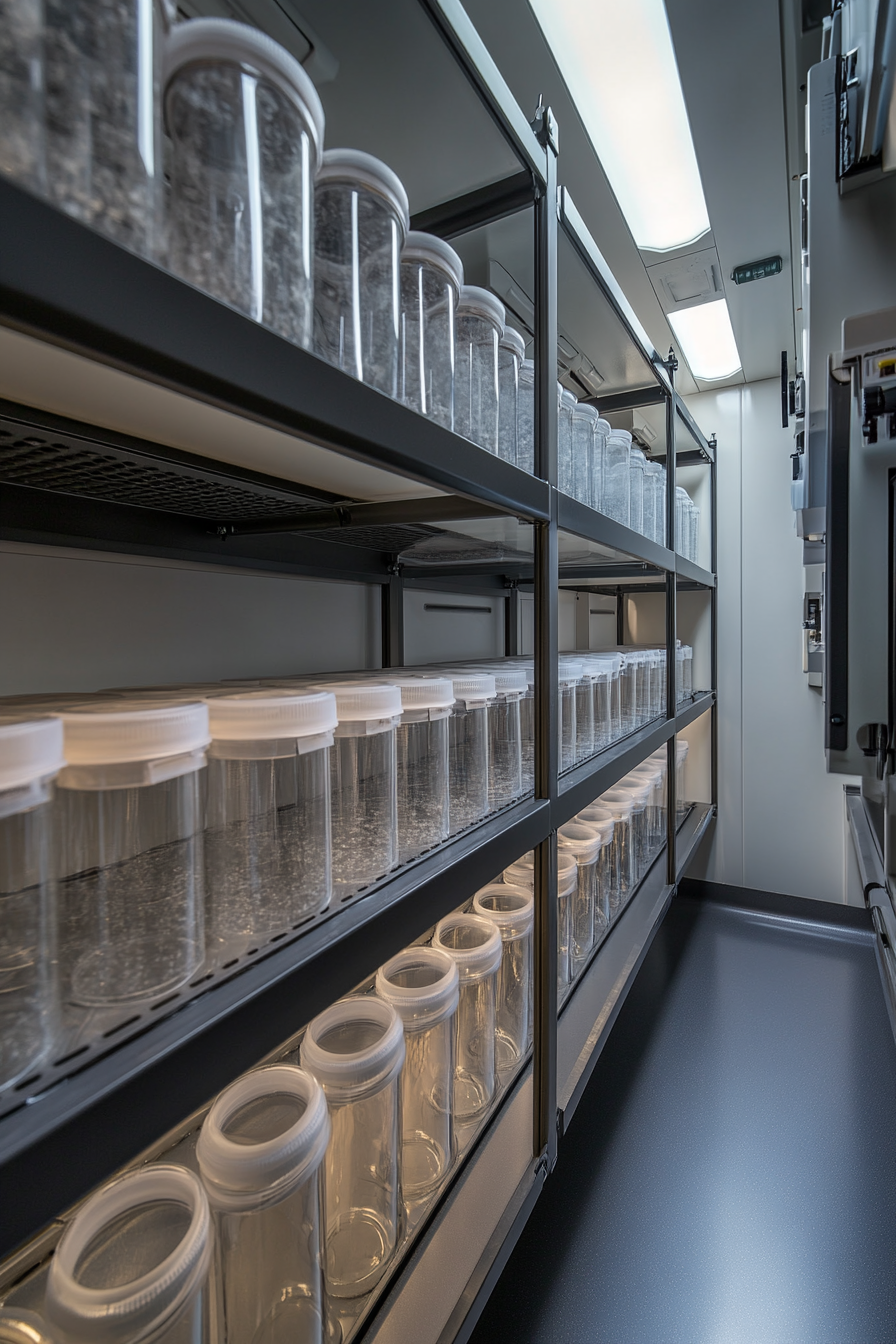 Mobile Research Space. Glass specimen containers on steel shelving unit.