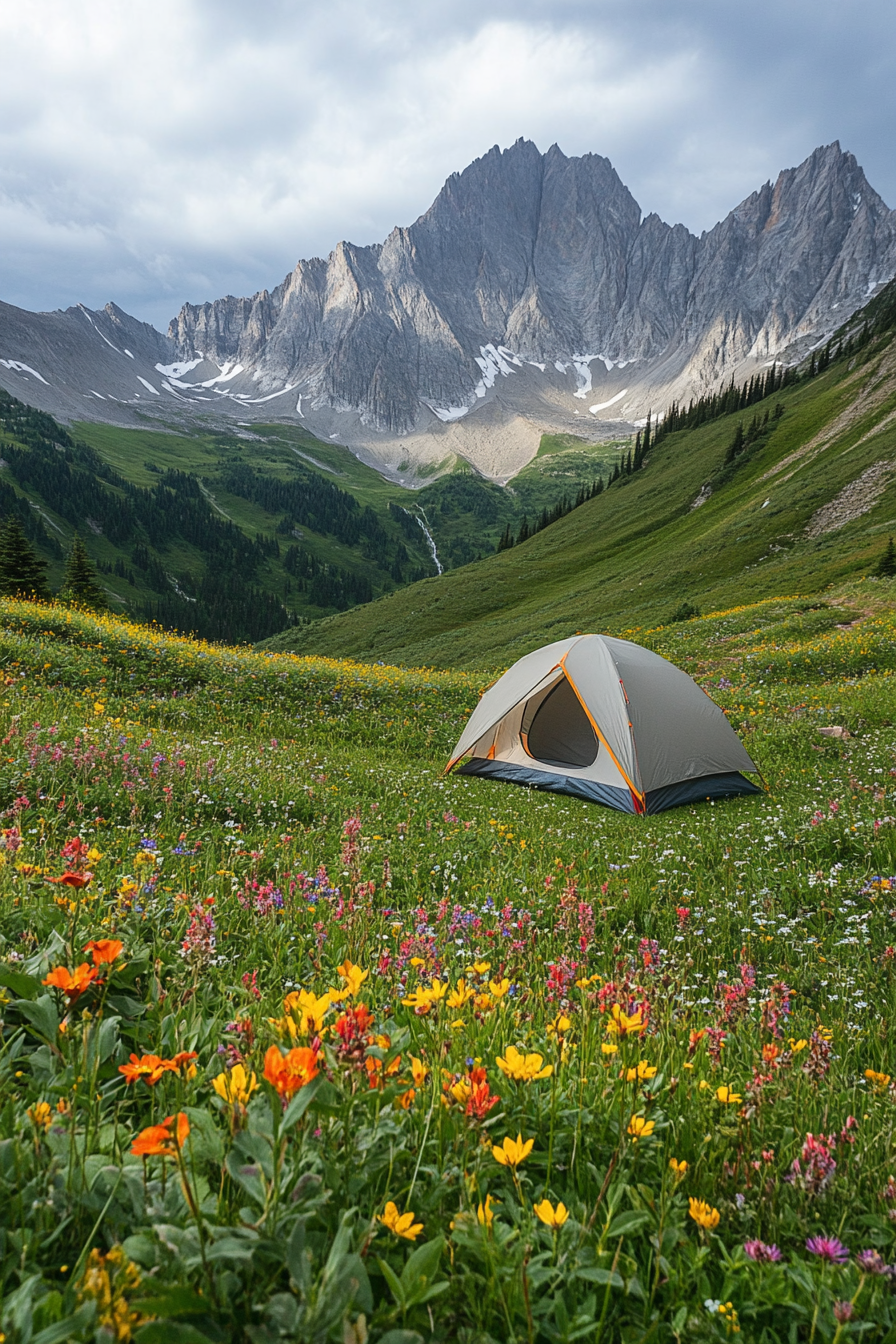 Highland camping site. Wildflower spread, wind-shielded tent pad, mountainscape.