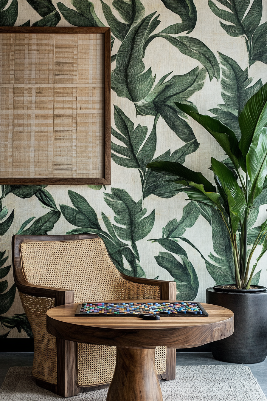 Wellness escape space. Leaf-patterned wallpaper and wooden board games corner.