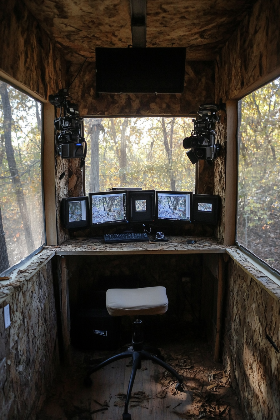 Nature observation space. Oakwood camouflaged blind with mounted DSLR cameras and editing station.
