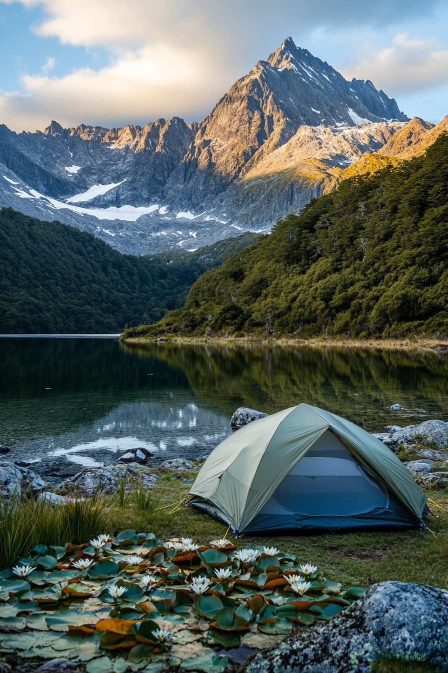 Highland campsite. Tent pad by lilies, shielded by rocks, facing snow-capped mountains.