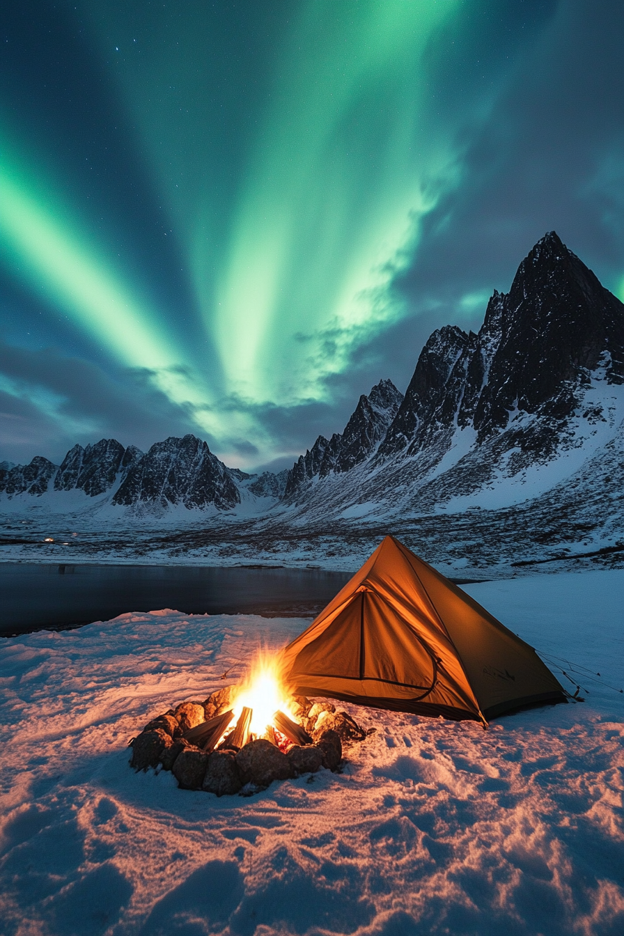 High Alpine site. Aurora viewing tent near wind-protected fire pit, peaks visible.