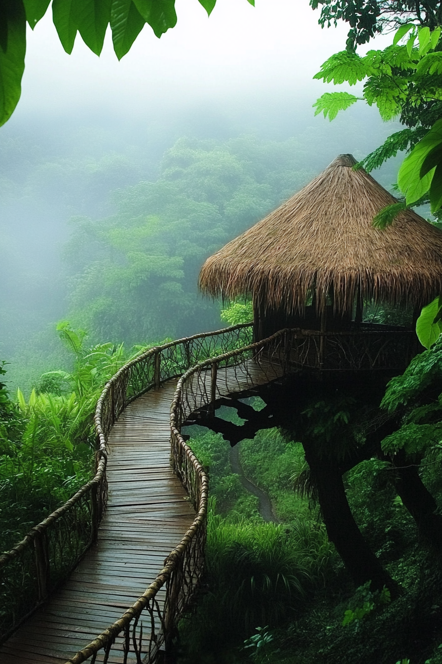 Jungle clearing. Thatched-roof viewing deck with attached platform nature walkways.