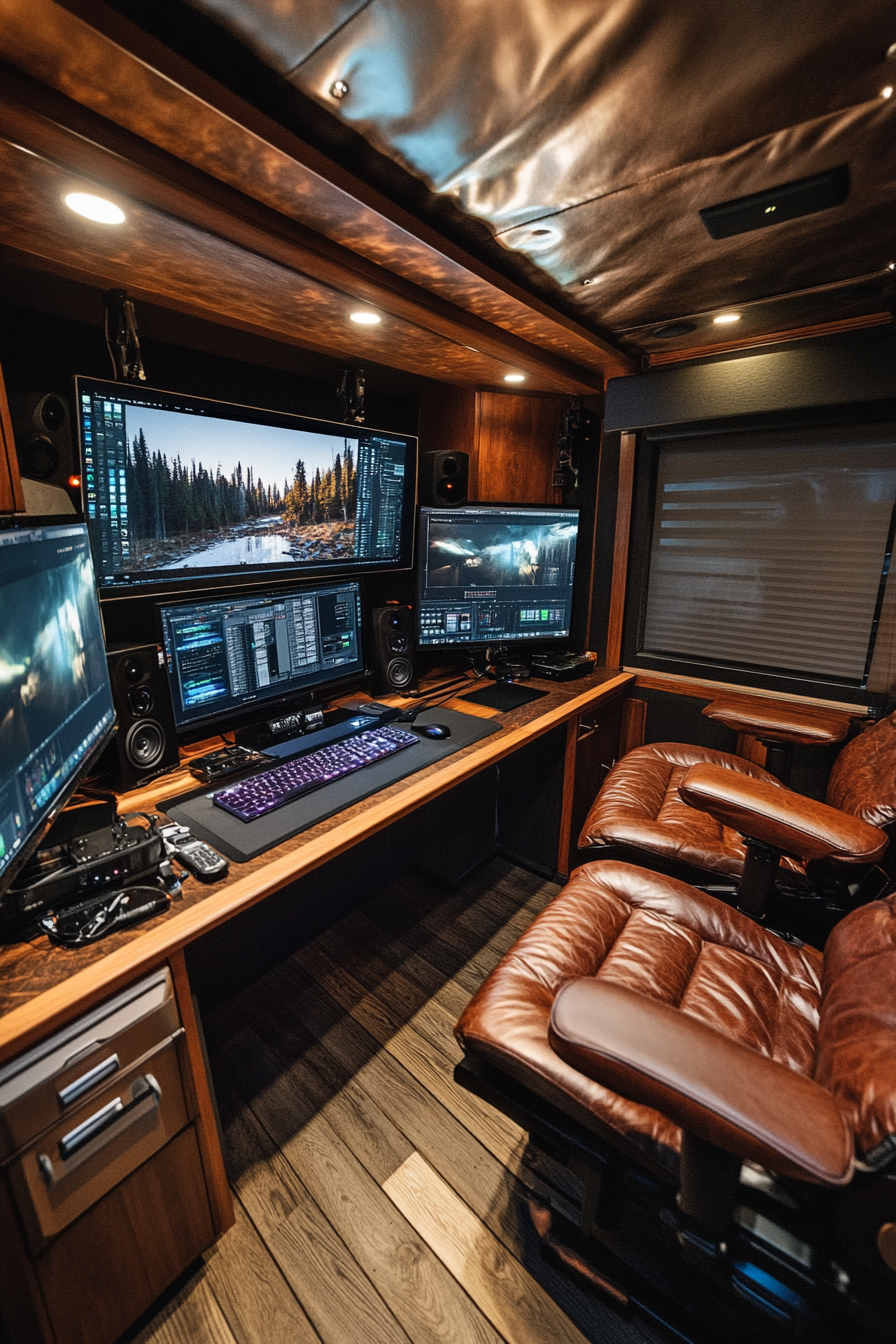 Mobile production space. Cherrywood desk with dual-mounted monitors and leather sofa lounge.