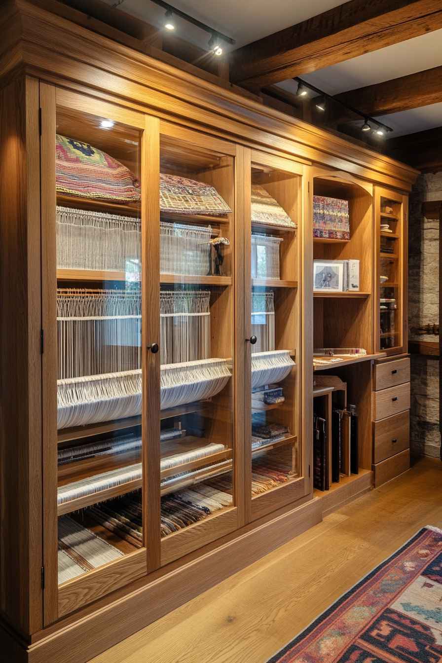 Creative craft space. Oak wood loom storage with glass display cabinets.