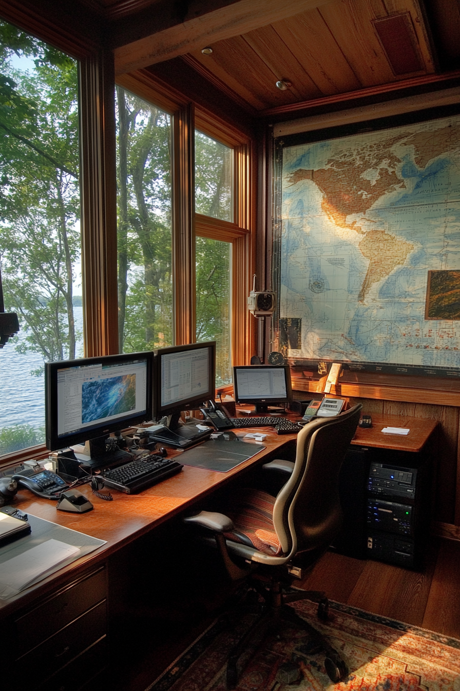 Coastal Analysis Space. Storm tracking computer consoles, panoramic windows, nautical chart wallpaper.