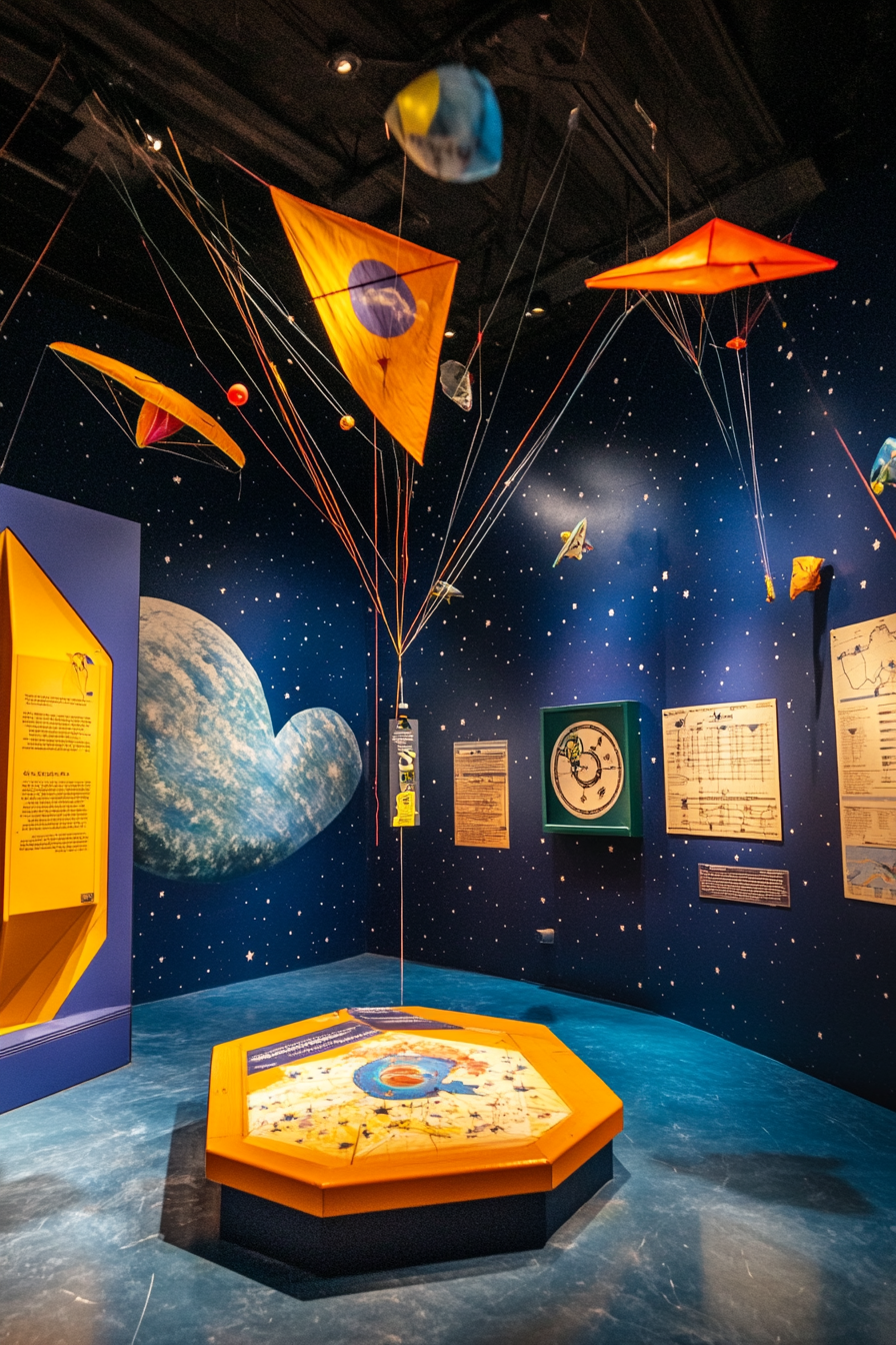 Adventure Launch Space. Kite flying with space motifs, weather monitoring area, and safety briefing board.