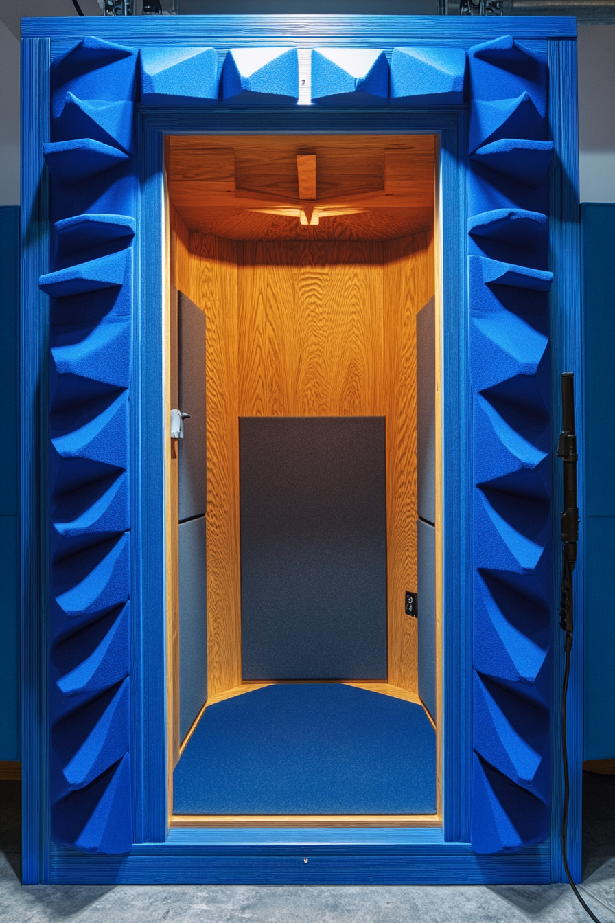 Mobile Studio Space. Blue panelled recording booth with wall-mounted foam.