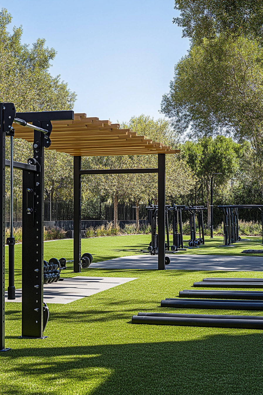 Fitness Community Space. Pull-up bars and rowing machines in grassy outdoor gym area.