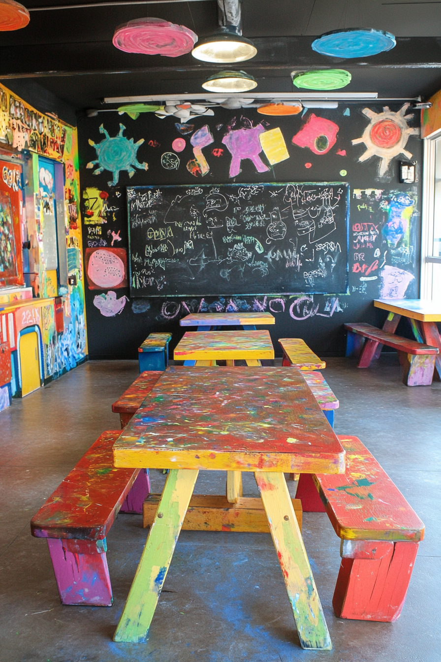 Community Learning Space. Paint-stained tables and scribbled chalkboard in art corner.