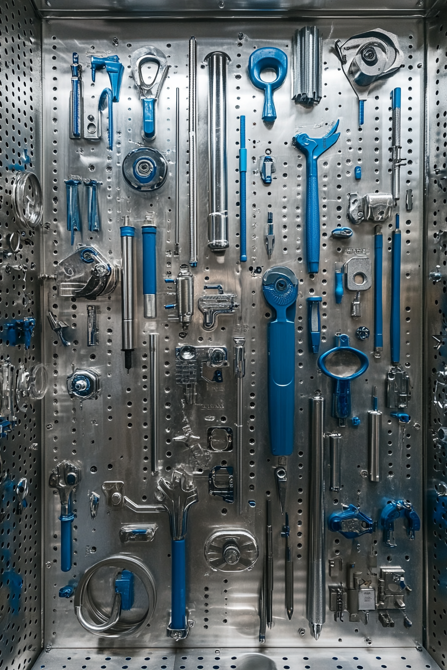 Technical support space. Metallic walls adorned with various blue and silver tools.