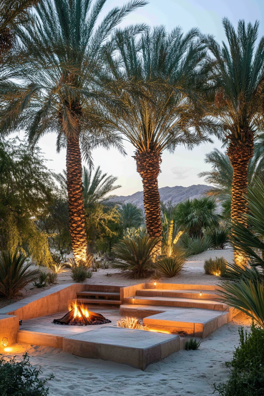 Palm grove space. Traditional fire pit nearby desert spring with dune views.