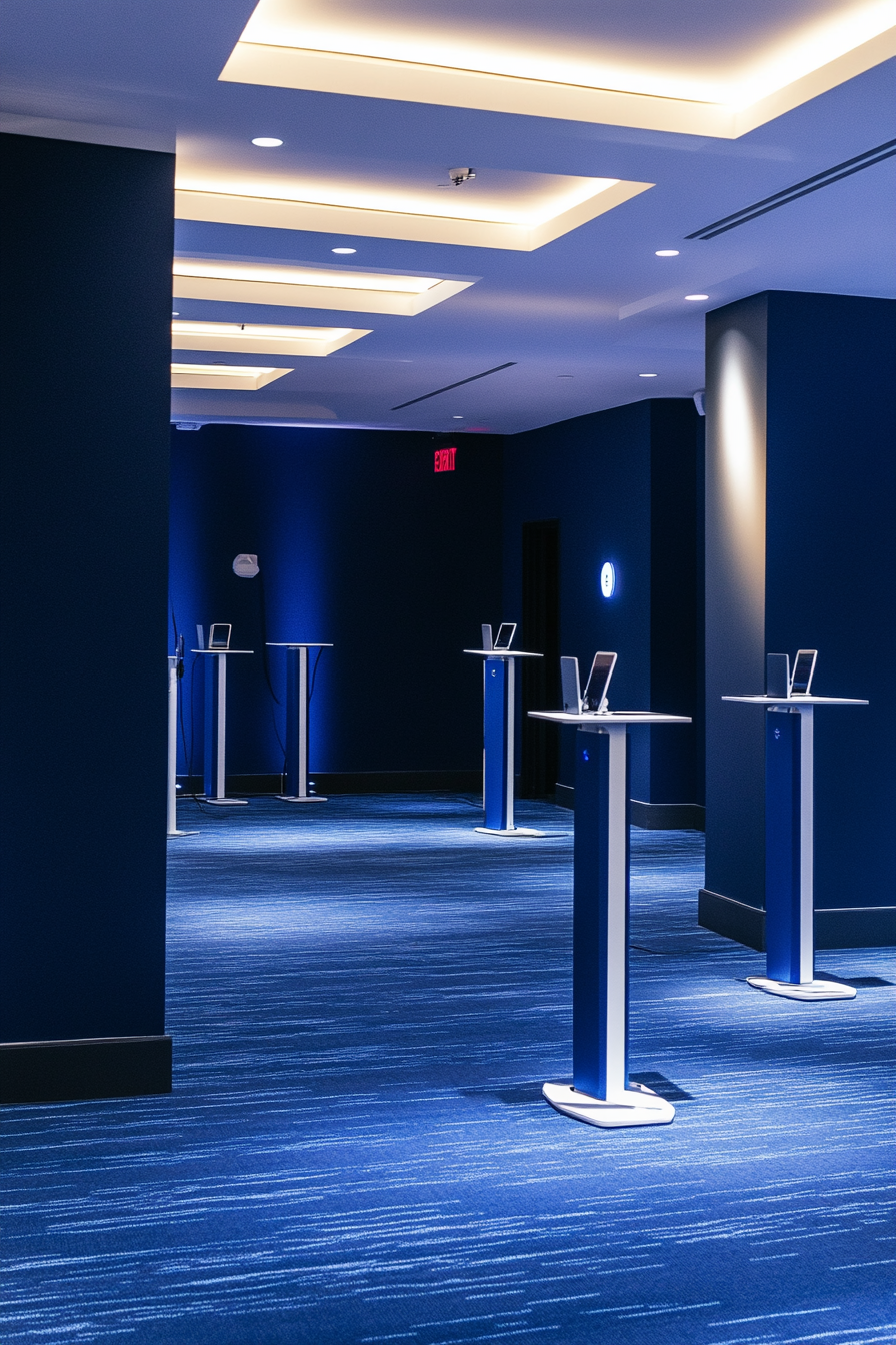 Event support space. Charging pods with varying amperage in a navy blue room layout.