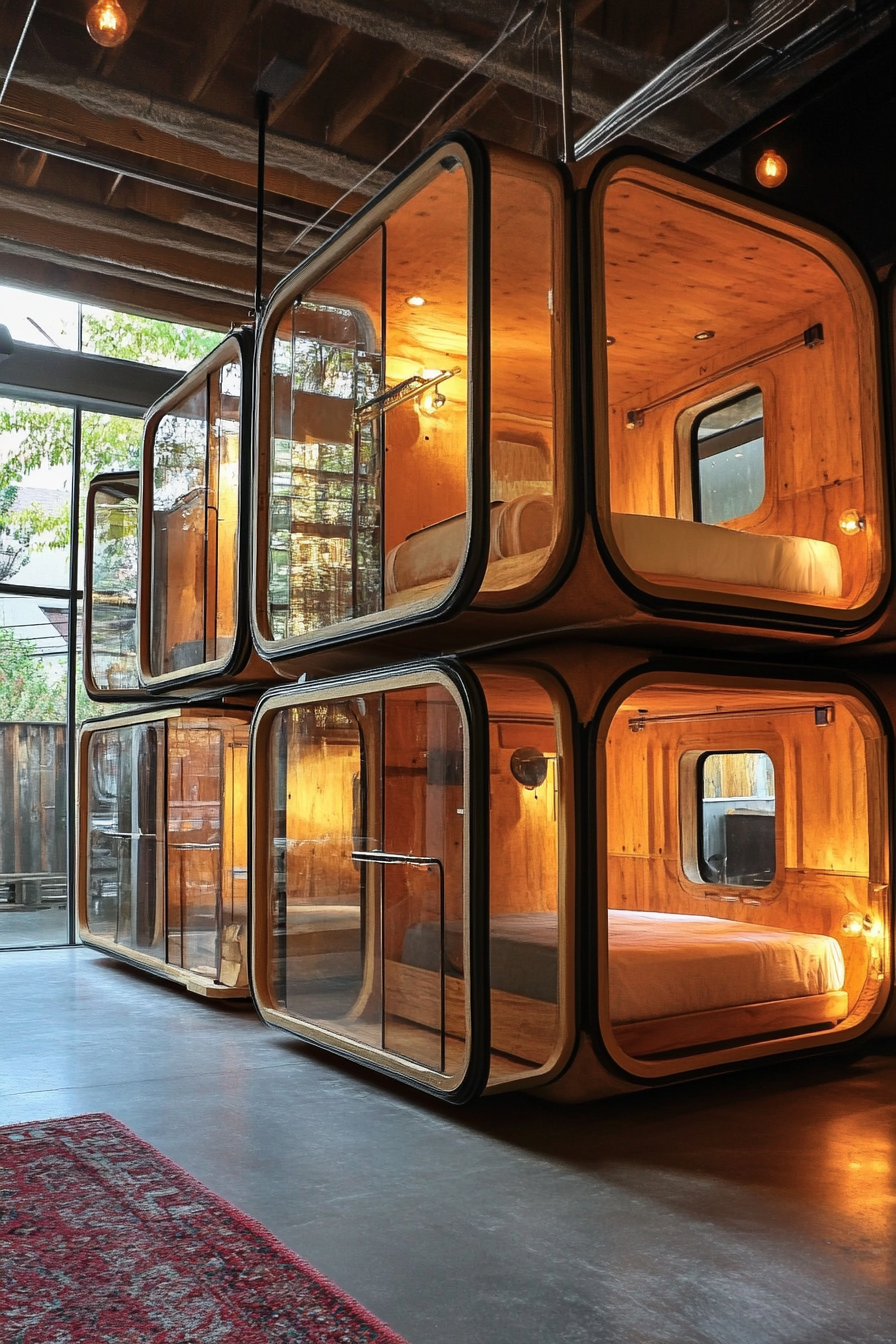 Creative community space. Open-plan layout with individual glass-cased studio pods.