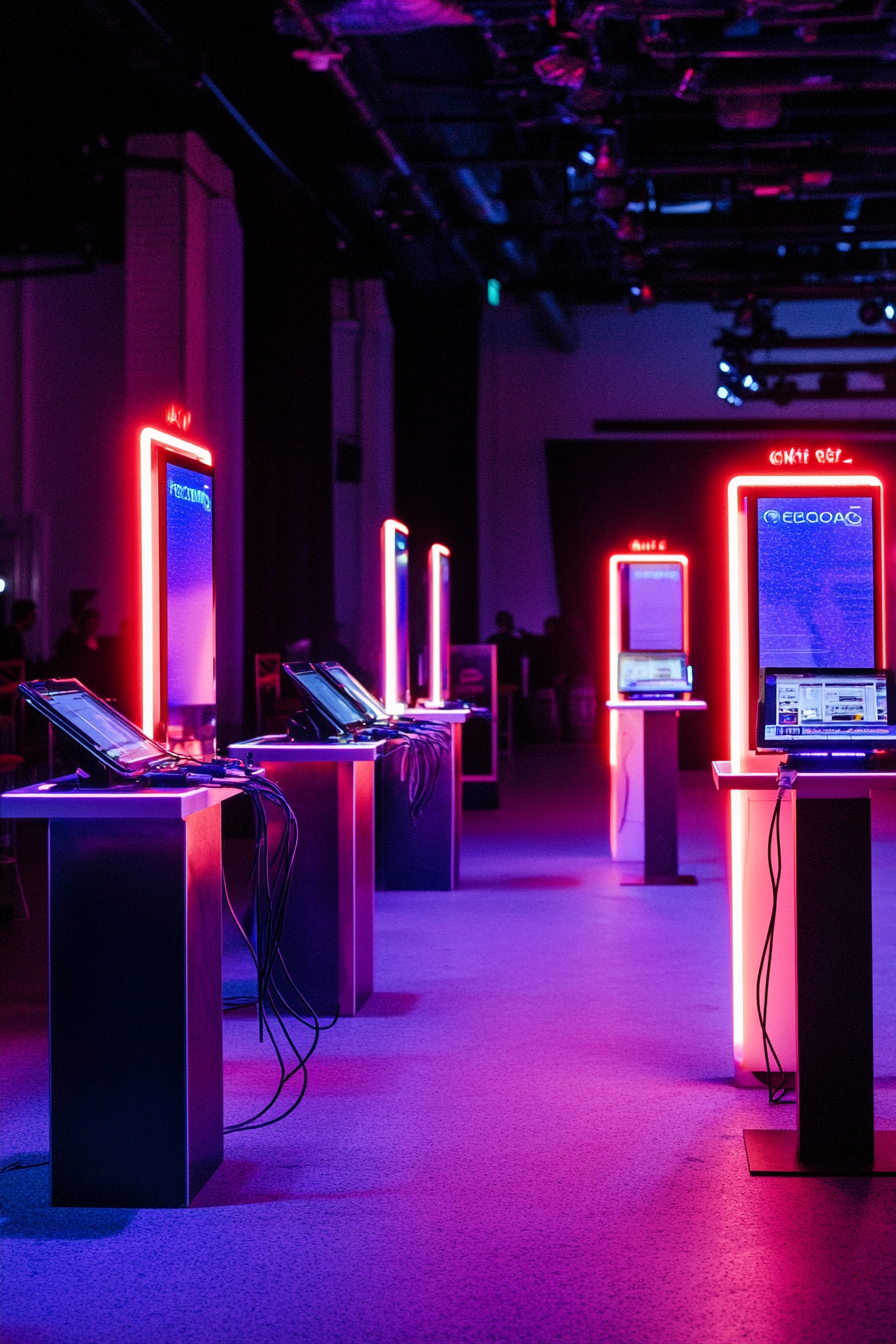 Event support space. Charging stations with neon signs.