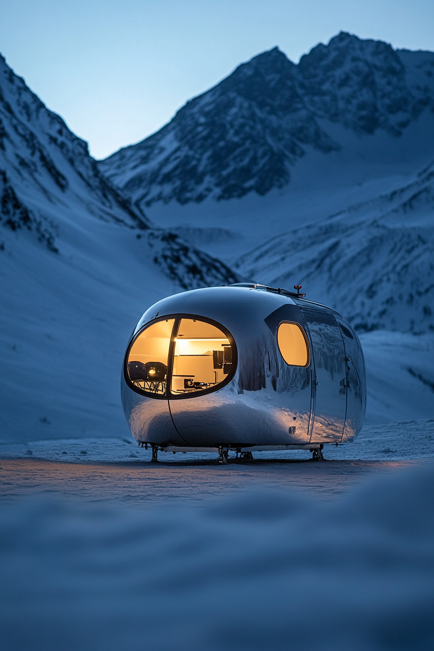 Alpine mobile space. Metallic caravan, snow drone station, high-tech indoor weather station.