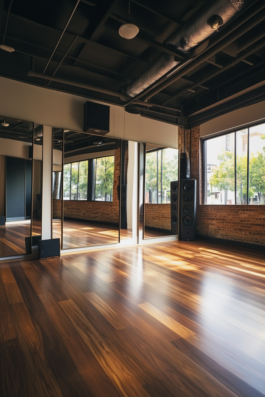 Movement Practice Space. Tall mirrors, wooden sprung floor, black sound system.