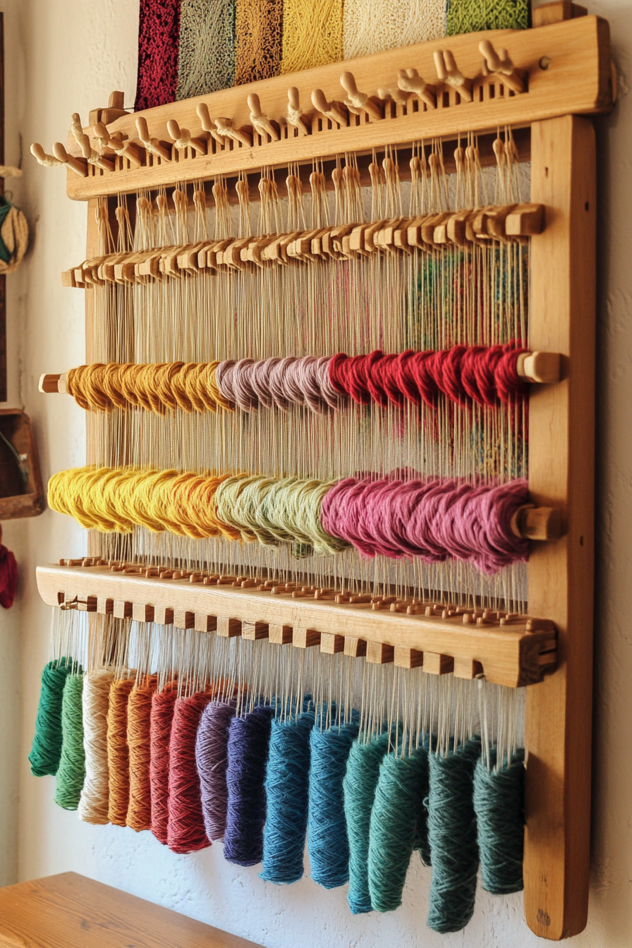 Craft space. Wall-mounted loom with multi-colored yarns on wooden pegs.