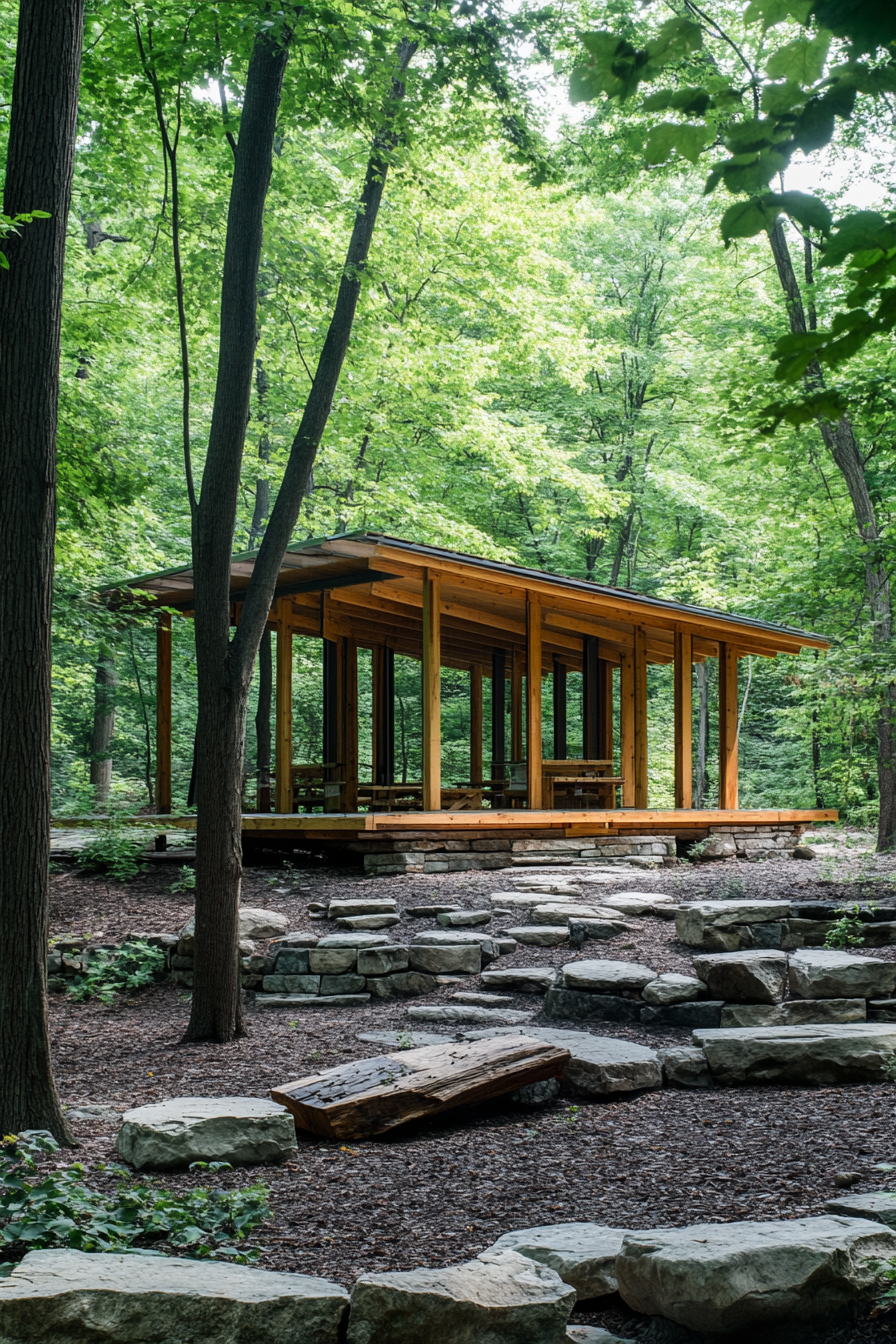 Outdoor education space. Wood-built foraging lab among dense mixed-wood trees.
