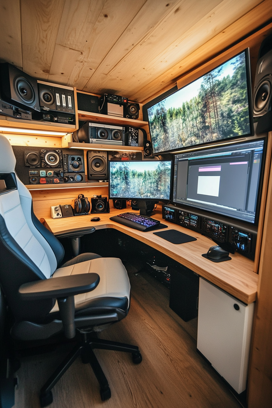 Creative Mobile Space. Wall-mounted editing bay with big monitors and lumbar-support chair.